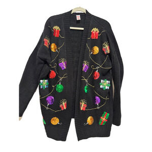 Holiday Time Women’s Black Christmas open Cardigan Knit Sweater sz M Ornaments